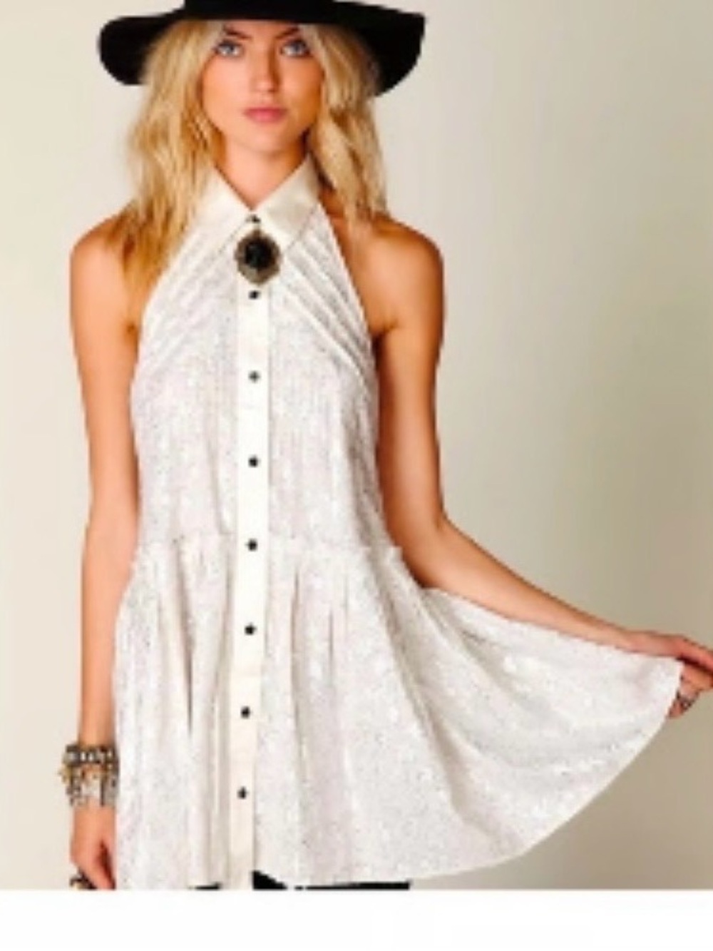 Free People Cream Halter Button-Front Mini Dress